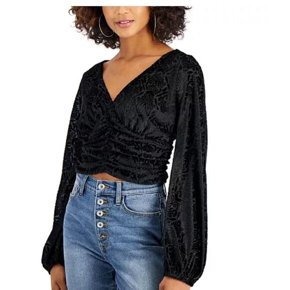 New SELF ESTEEM Juniors Cropped Top Velvet Ruched Top, long sleeve shirt L - Picture 1 of 6